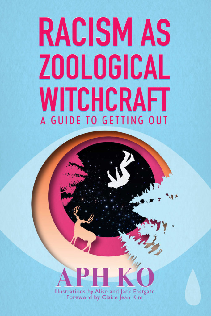 Blue book cover of Racism as Zoological Witchcraft showing the illustration of an eye with a shattered iris.