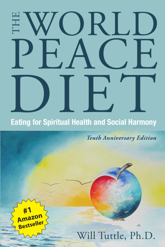 Teal book cover with the title on top (The World Peace Diet) and a painting of an apple in shades of blue, red, and yellow
