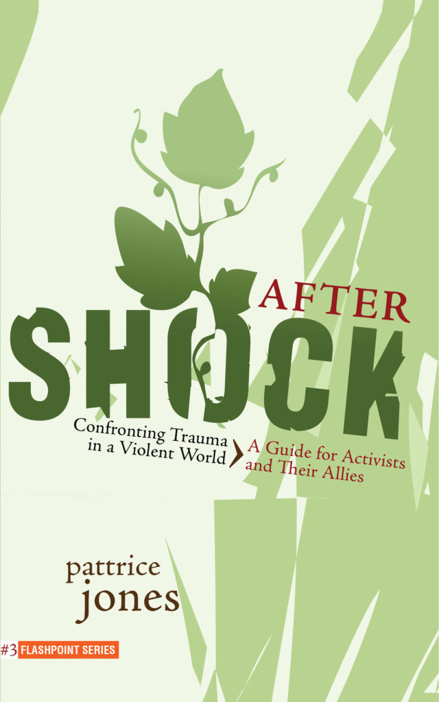 Aftershock book cover in shades of green with two leaf illustrations on top
