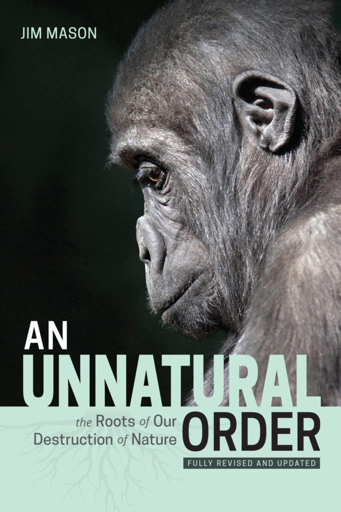 An Unnatural Order book cover shows the picture of a chimpanzee against a black background. The title is on the lower part of the cover, in aqua-green.