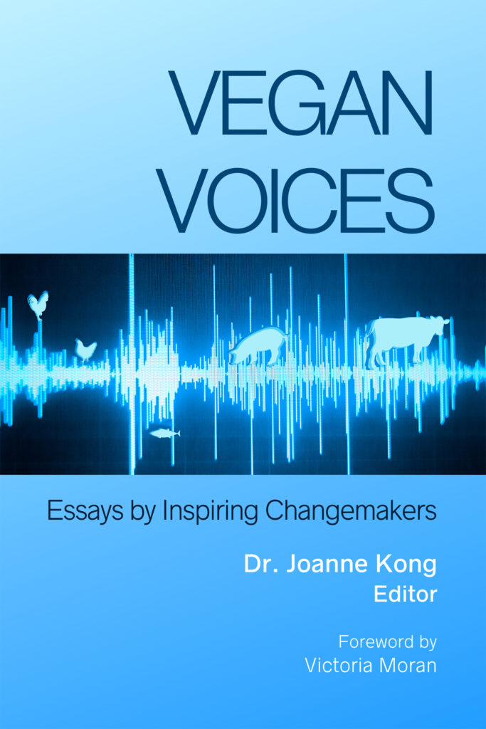 Book cover with a blue background and the title Vegan Voices. In the middle of the image there is an illustration of the heartbeats in a  cardiac monitor and outlines of animals
