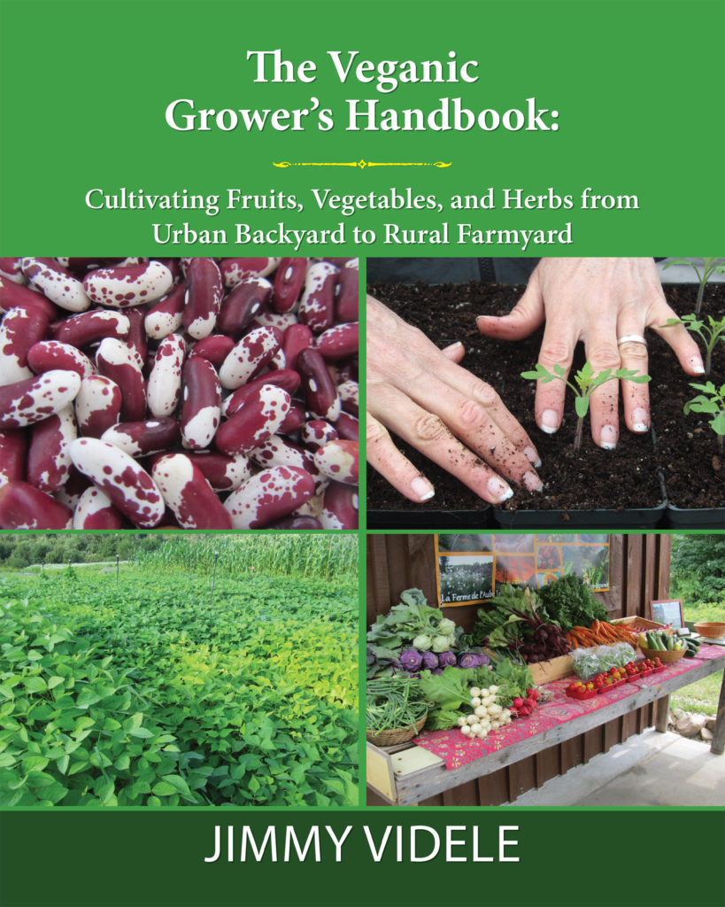 Book cover for The Veganic Grower's Handbook. The title is in white on the top. There are four images in rectangles underneath. They show, clockwise, seeds, hands on dirt, a green crop, and a table full of vegetables