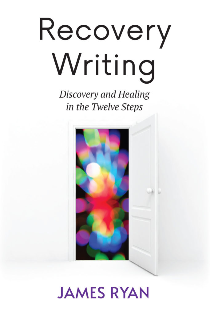 Book cover with a white wall, floor, and door. The door is open and there is a colorful pattern inside. The title is on top: Recovery Writing