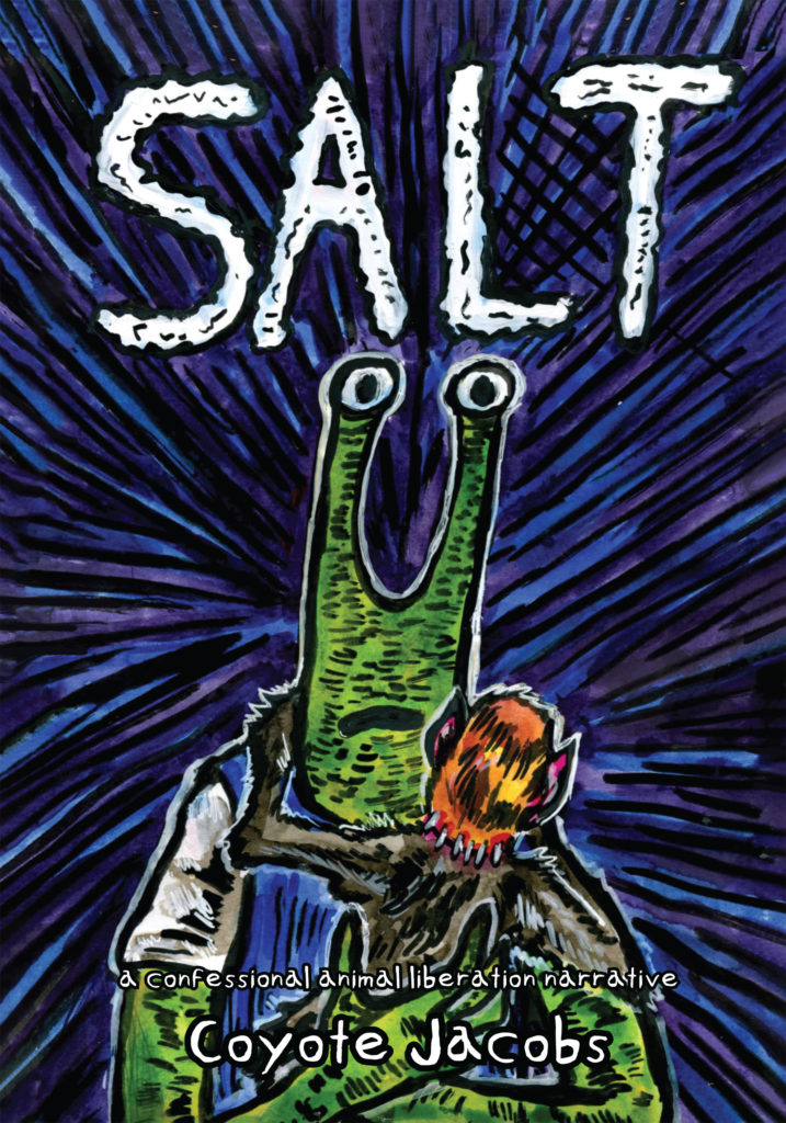 SALT book cover with a dar blue background and a green alien hugging a monkey