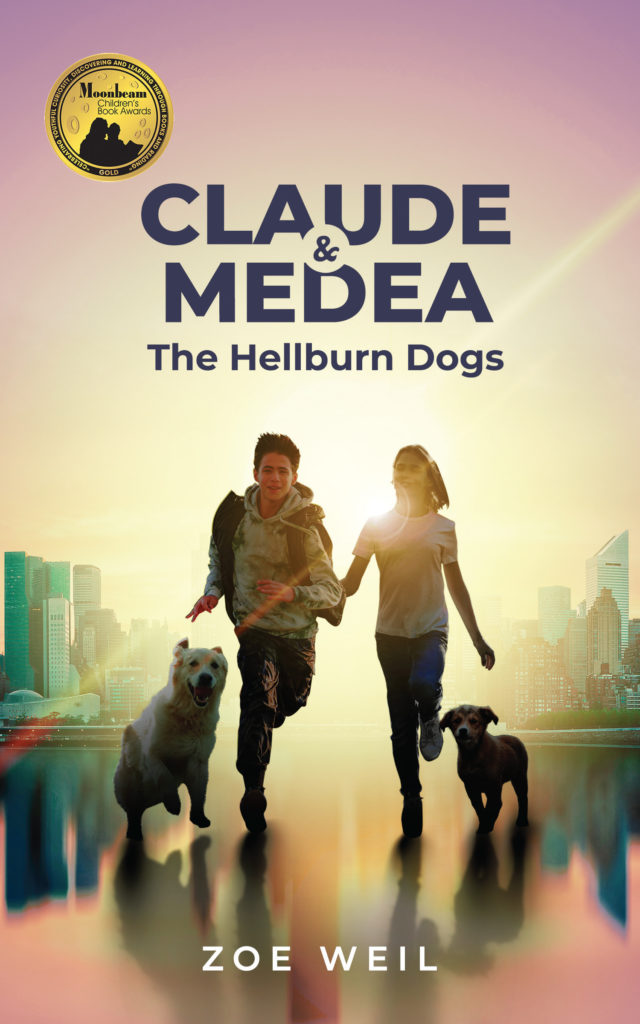 Book cover of Claude and Medea. The background shows a city. Two kids, a boy and a girl, are running together with two dogs
