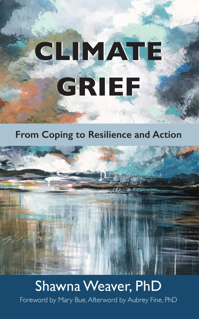 Climate Grief book cover shows an abstract painting in the shades of blue, green, and orange. The title is in black, on top, and the subtitle below, inside a light blue box