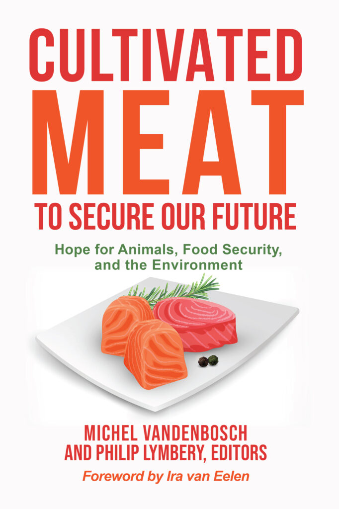 Book cover for Cultivated Meat to Secure Our Future. The background is white. The title is in orange on the top half of the cover. The bottom half is filled by the illustration of salmon meat on a plate