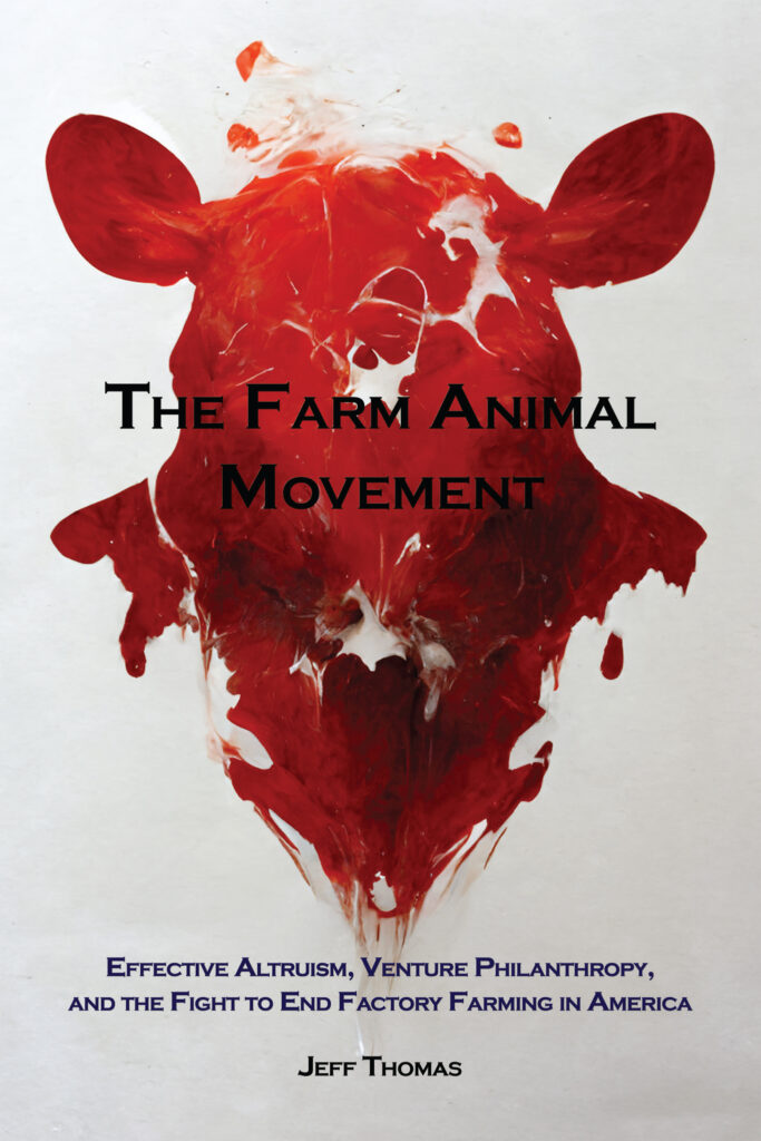 The Farm Animal Movement book cover. The background is white and there is the outline of a cow with a red-meat like texture